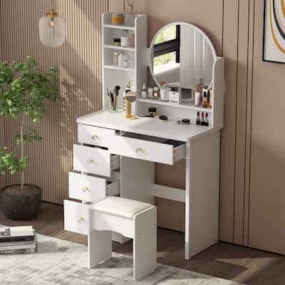 Makeup Vanity Set Dresser w/Mirror Stool 5 Drawers - White/Pink/Black - 31.5"L x 15.7"W x 52"H