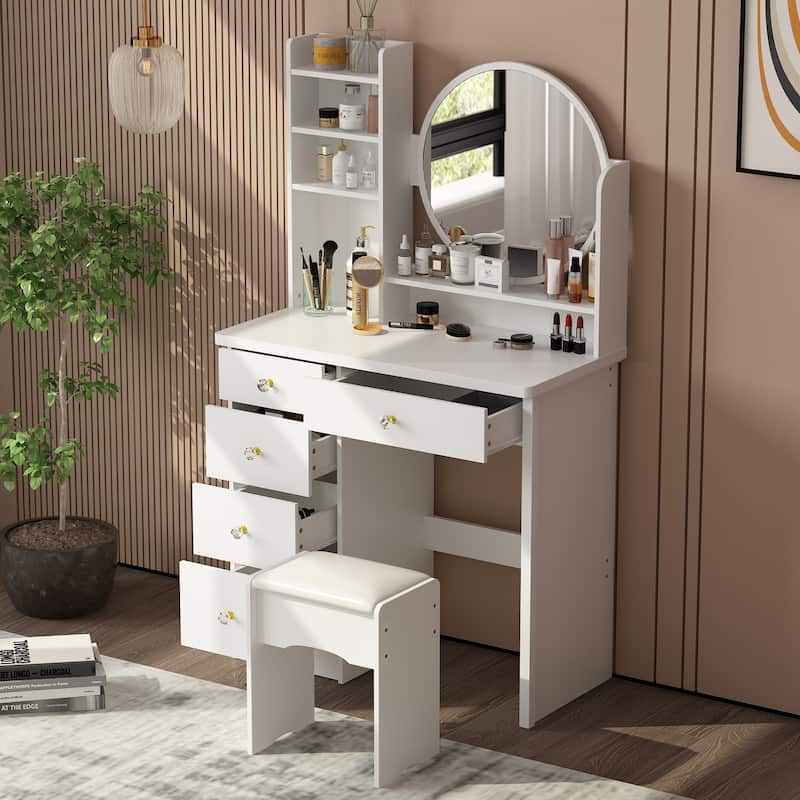 Makeup Vanity Set Dresser w/Mirror Stool 5 Drawers - White/Pink/Black - 31.5"L x 15.7"W x 52"H