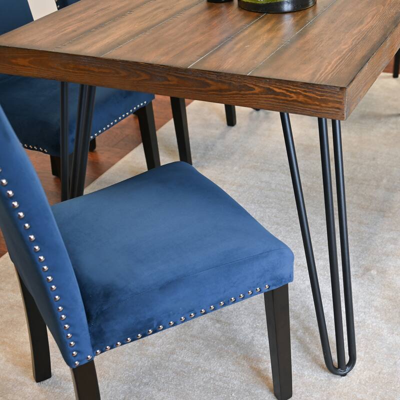 Blue Velvet Upholstered Dining Chairs with Nailhead Trim, Rectangular Dining Table Set, Kitchen Table with Metal Hairpin Legs