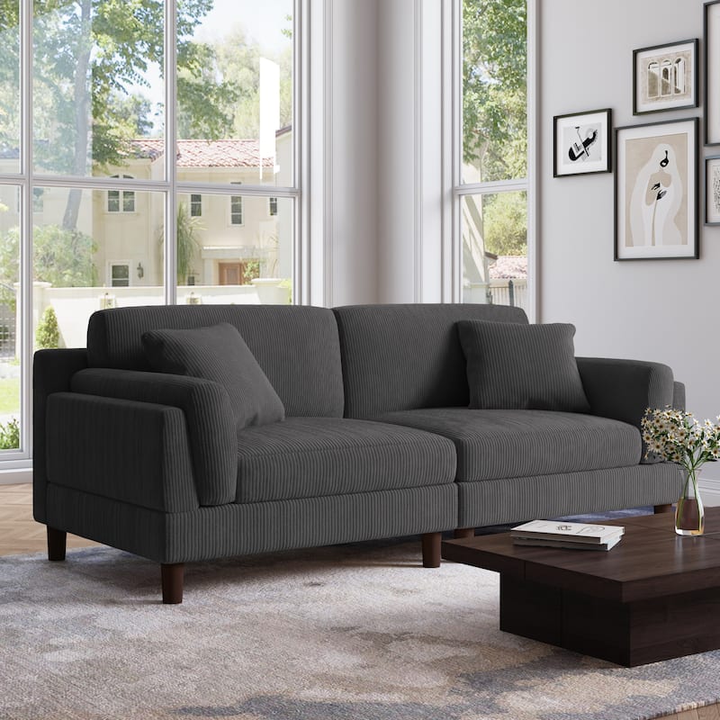 90.2"W Corduroy Upholstered 2 Seater Living Room Sofa - Grey-2Pillows