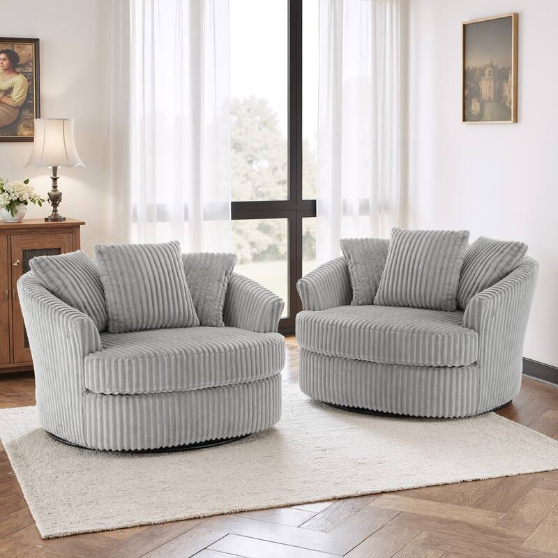 2 Set Oversized 43" W Plush Corduroy Swivel Barrel Chair with Pillows