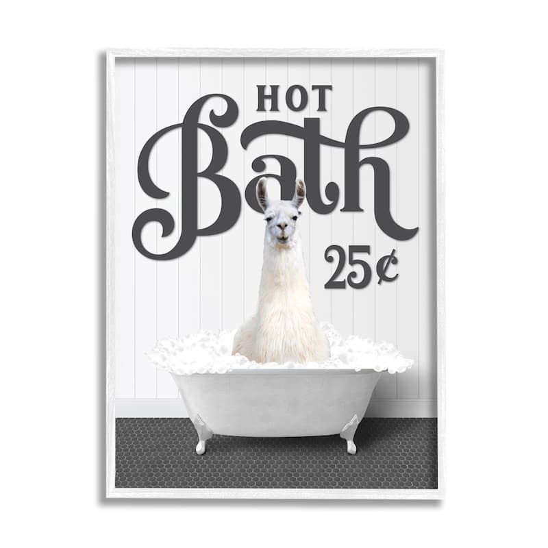 Stupell Vintage Hot Bath Llama Framed Giclee Art Design by Lettered and Lined - 16 x 20 - White