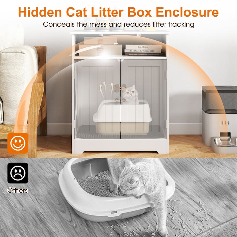 Gymax Wooden Cat Litter Box Enclosure w/ Easy Cleaning Litter Mat