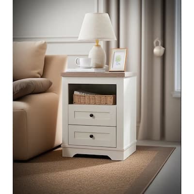 Nightstand with 2 Drawers, Couch Side Table with Wooden Tabletop, Bedroom Coffee Table with Open Storage Shelf