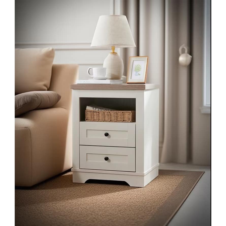 Nightstand with 2 Drawers, Couch Side Table with Wooden Tabletop, Bedroom Coffee Table with Open Storage Shelf