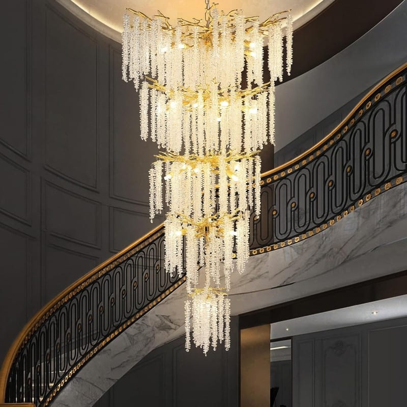 KAYLA 28-Lights Crystal Staircase Chandelier, Indoor Pendant Light, 118'' Modern High Ceiling Light, Height Adjustable - N/A - Gold