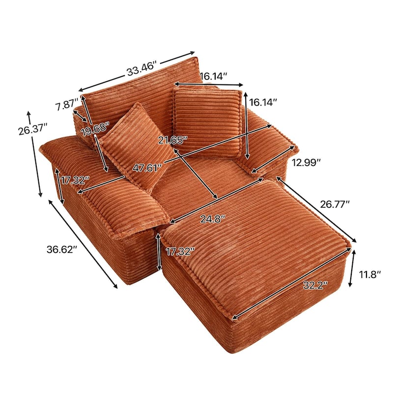 Rossetta Modern Modular Luxurious Corduroy-Fleece Fabric Double-Layer Cushion Design Deep Seat Sofa with 1 Ottoman