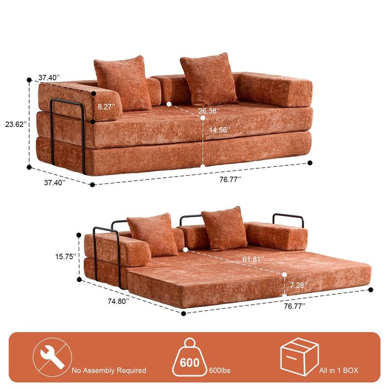 Chenille Floor Sleeper Sofa Bed Foldable Loveseat Couch Futon Sofa with Removable L-shaped Armrest and Movable Iron Frame