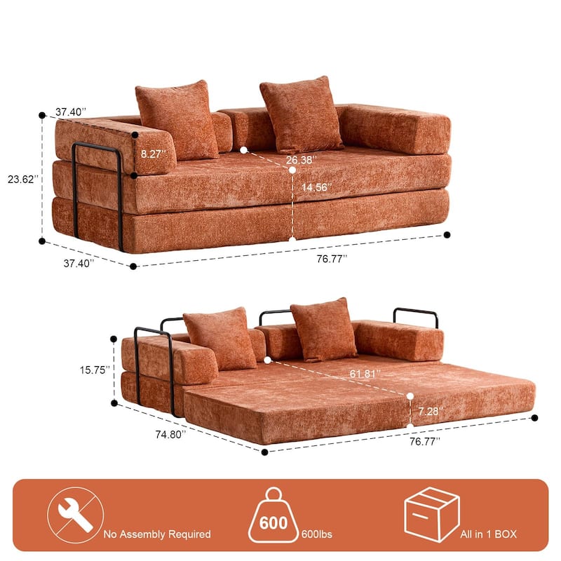 Convertible Floor Sofa Bed with Pillow, Orange Chenille, 77x37x24 inches