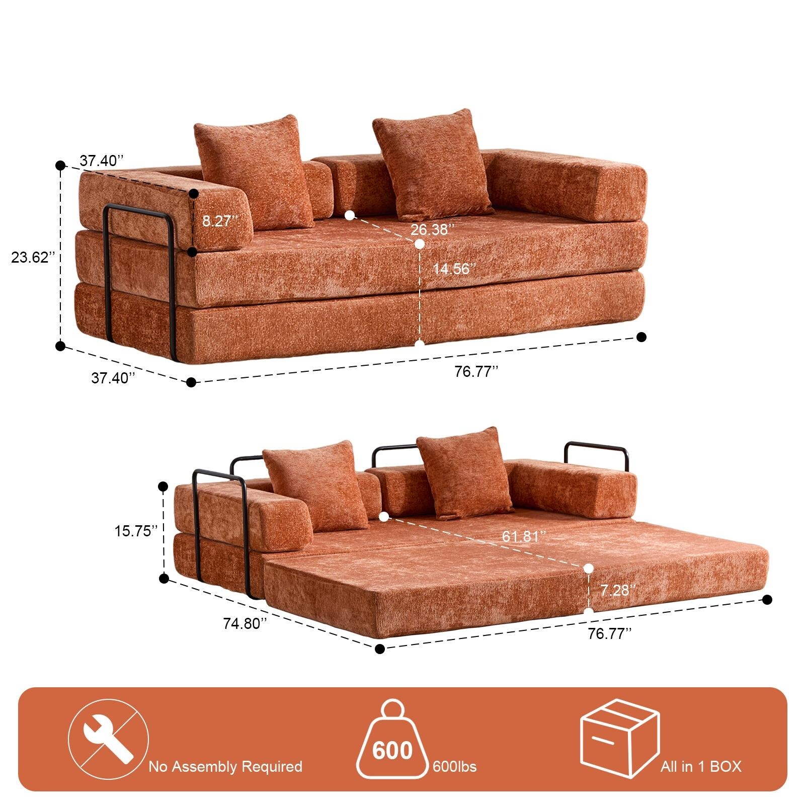 Convertible Floor Sofa Bed with Pillow, Orange Chenille, 77x37x24