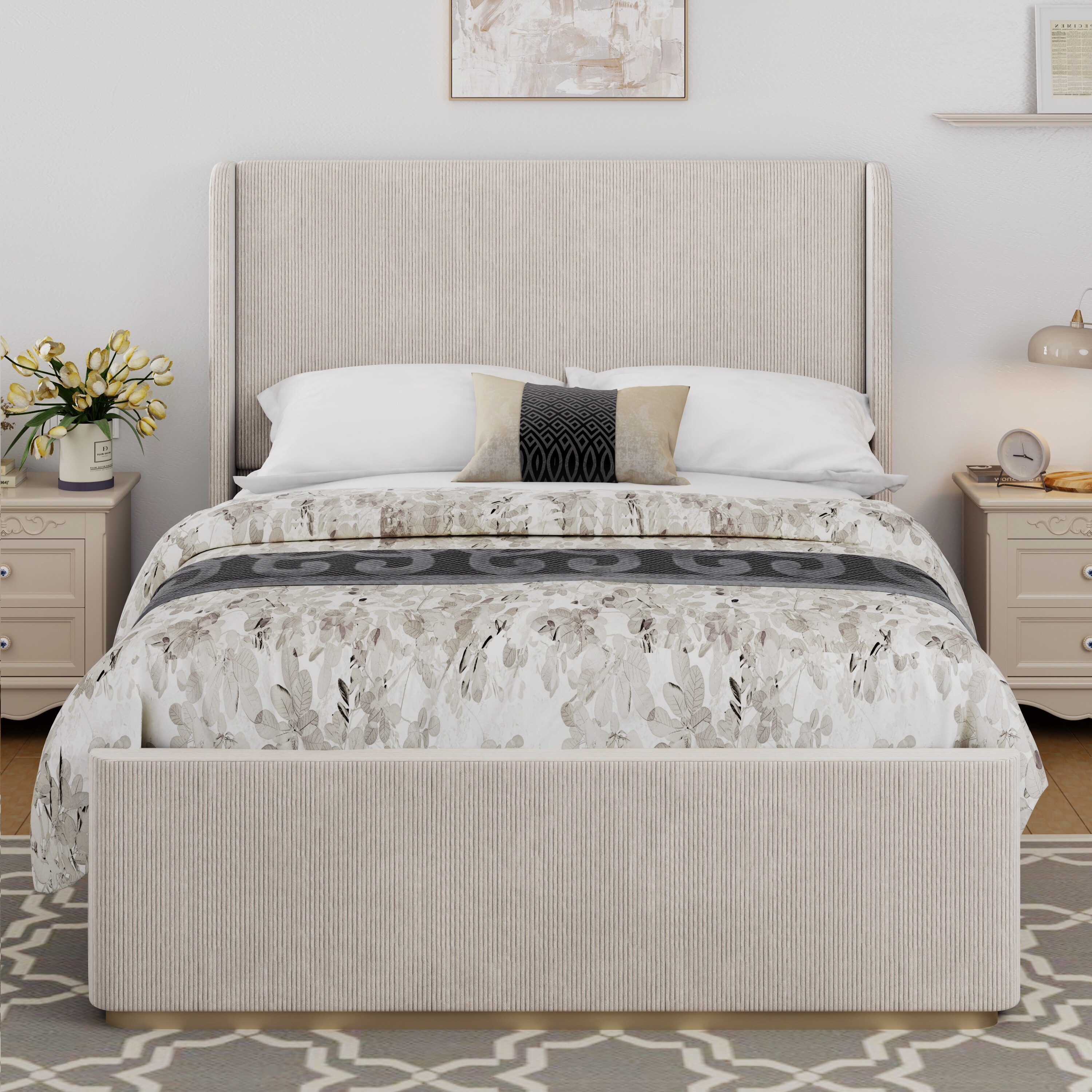 King Size Upholstered Bed with Corduroy Fabric, Wingback Headboard, Metal Frame, and Wooden Slats