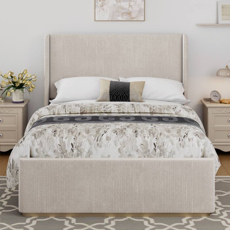 Vertical Stripe Wingback Bed Corduroy Upholstered Bed Frame with High Headboard, Low Profile Platform Bed Light Grey Frame Bed