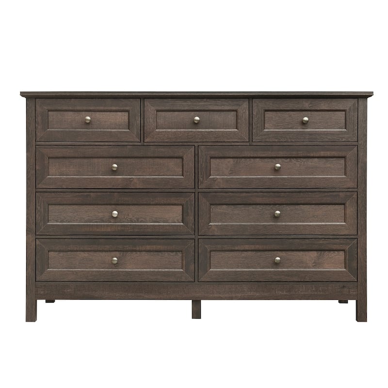 55.04" Farmhouse 9-Drawer Wood Storage Dresser with Silver Handle