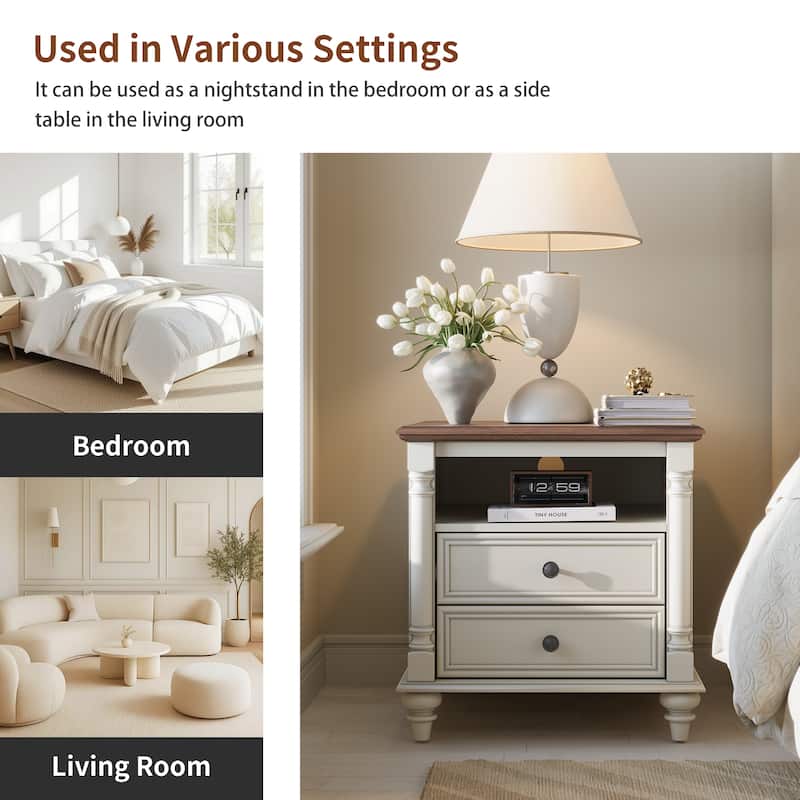 Farmhouse Nightstand Solid Wood Feet, Sofa Table with Charging Station