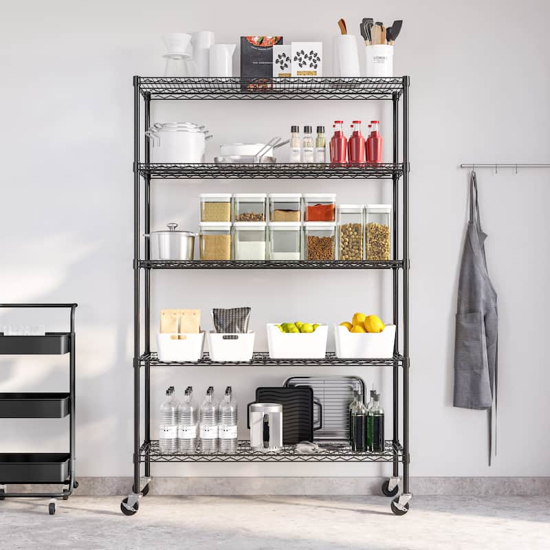UltraDurable 5-Tier Adjustable Steel Wire Shelving with Wheels, 48" W x 18" D x 72" H, Black