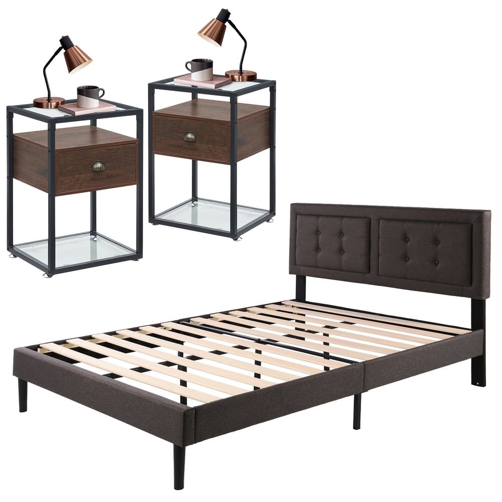 VECELO 3-pieces Upholstered Bedroom Set with Height Adjustable Headboard and Nightstands Set of 2