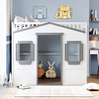House-shaped Full Size Loft Bed Frame With Ladder, Windows and Guardrail