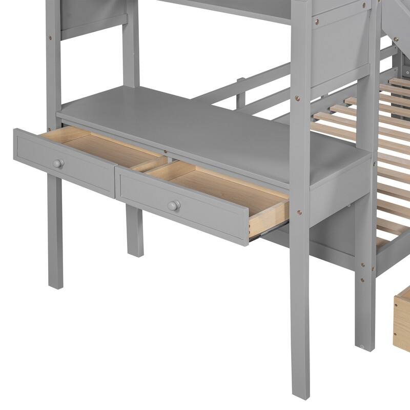 Twin over Twin Bunk Bed with Storage Staircase, Slide and Drawers, Desk with Drawers and Shelves