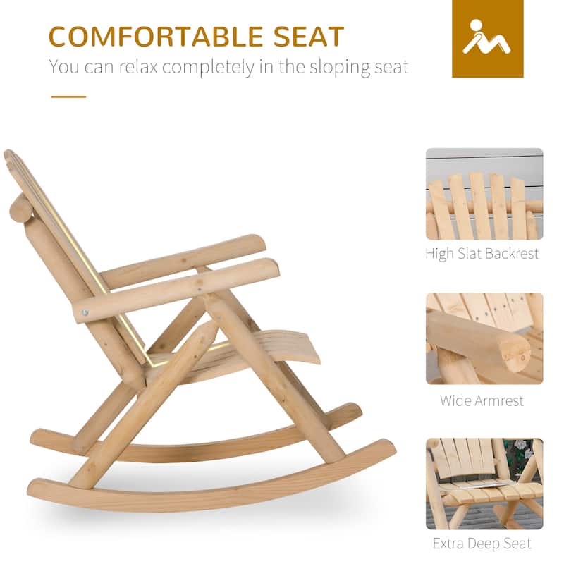 Outsunny Outdoor Rustic Adirondack Rocking Chair, Fir Wood Log Slatted Design Patio Rocker for Porch Garden Lounging