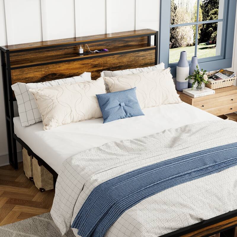Antique Brown Queen Size Platform Bed with Storage Headboard, LED Light, and Charging Station