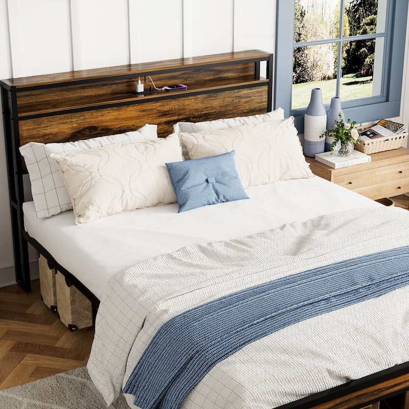 Antique Brown Queen Size Platform Bed with Storage Headboard,LED Light and Charging Station for Bedroom