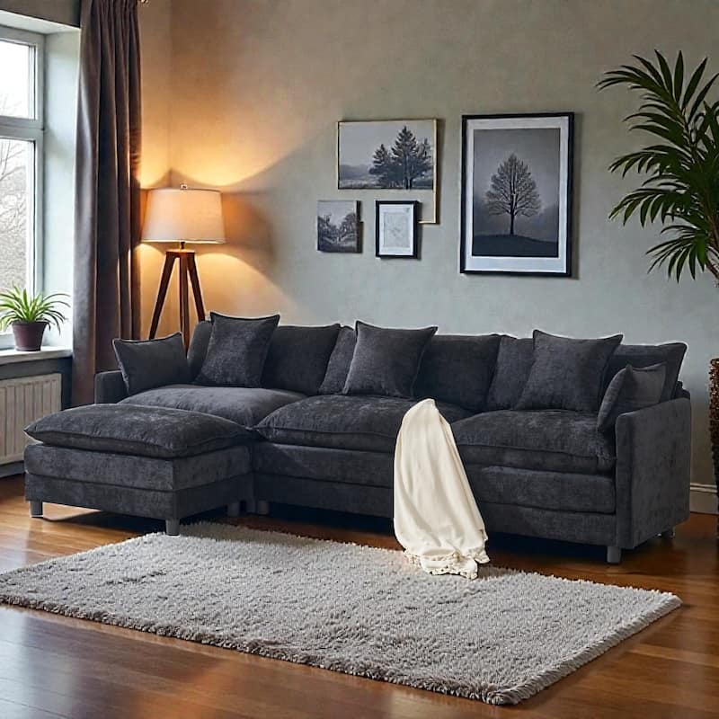 108 Inch L Shaped Modular Sectional Sofa, Chenille Cloud Couch with Ottoman, Deep Seat Modern Sofa