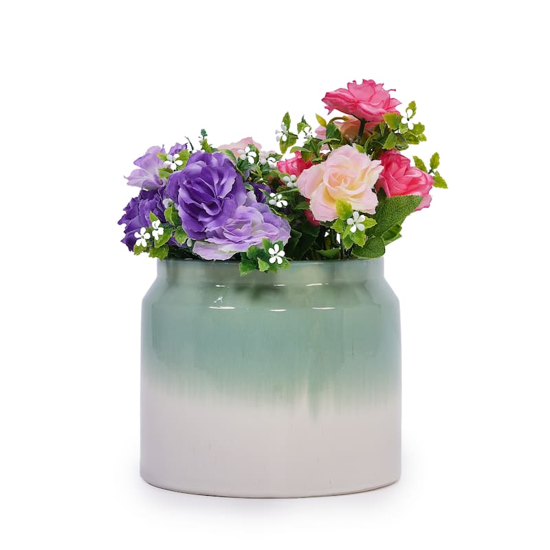 Handmade Ceramic Planter Set of 2, 8.5" & 6" Diameter, Green-White Ombre Glaze, for Aquatic Plants Indoor/Outdoor Shelf