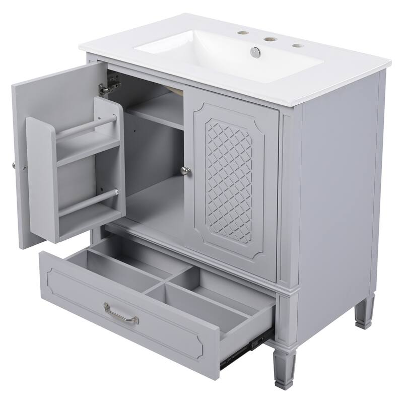 60" Bathroom Vanity with Double Ceramic Sink Combo Set, 2 Free Standing Cabinet with Soft-closing Door Organizers, 2 Drawers