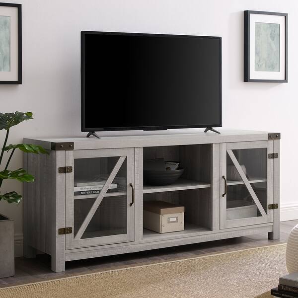 Shop Offex 58 Rustic Farmhouse Wood Tv Stand With Glass Cabinet