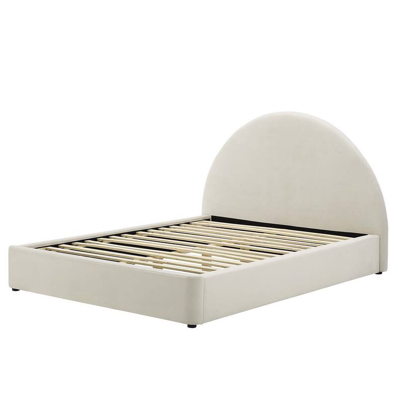Palmetto Modern Round Headboard Off-white Velvet Upholstered King Size Platform Bed