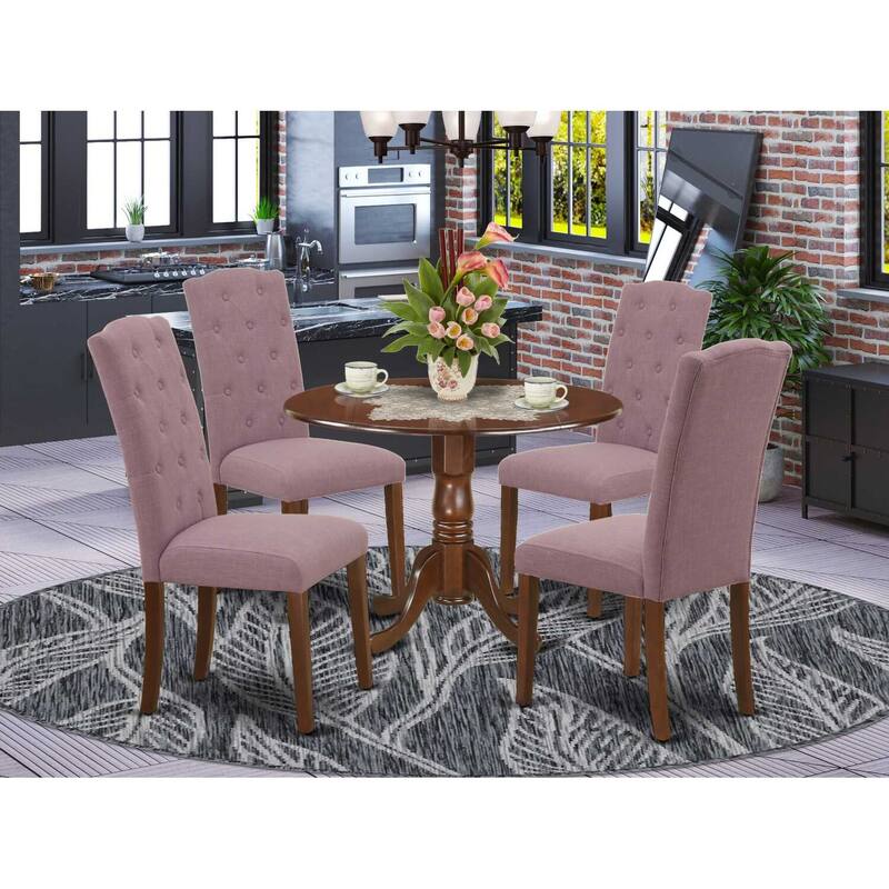 HomeStock 5-Piece Round Mahogany Finish Solid Wood Top Dining Table with 4-Parson Chair with Drop Leaf Lattice Back