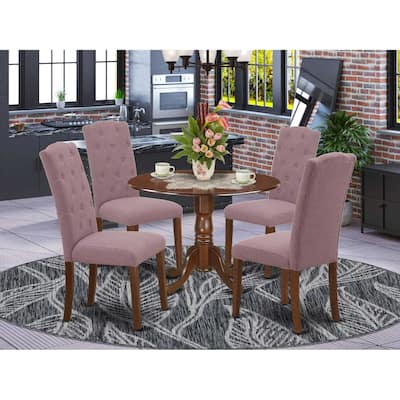 HomeStock 5-Piece Round Mahogany Finish Solid Wood Top Dining Table with 4-Parson Chair with Drop Leaf Lattice Back