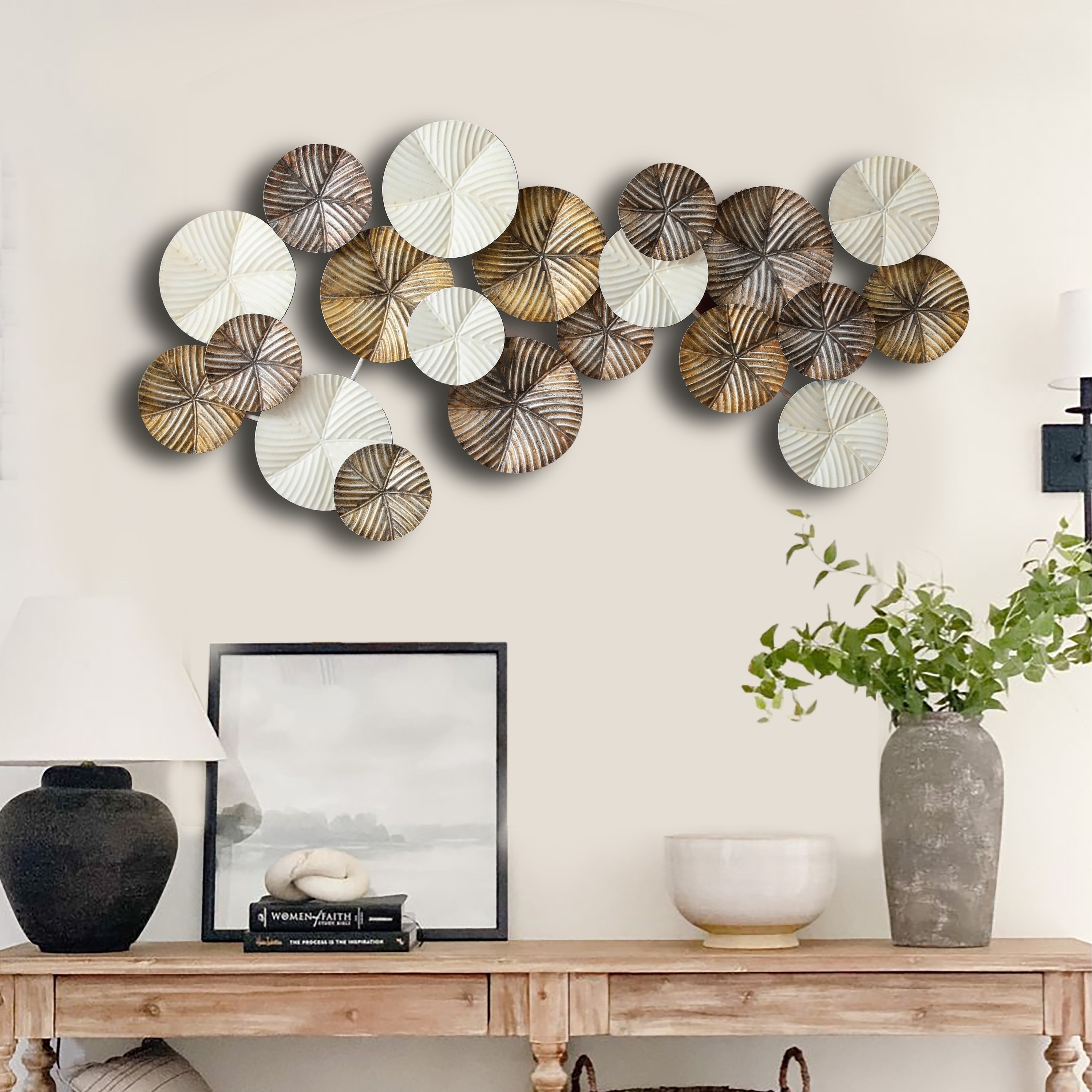 White and Gold Metal Textured Round Discs Abstract Wall Art Bed Bath   Beyond 33285961