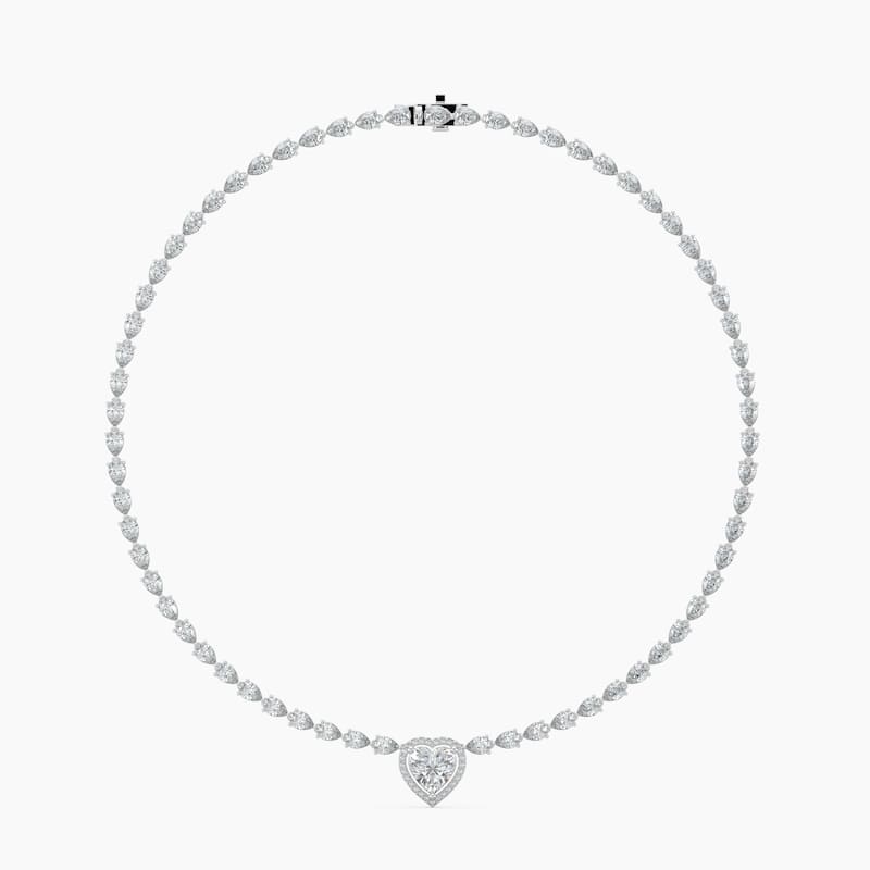 14K Gold Lab Grown Diamond Pear Cut Diamond Tennis Necklace & Halo Heart Pendant - White