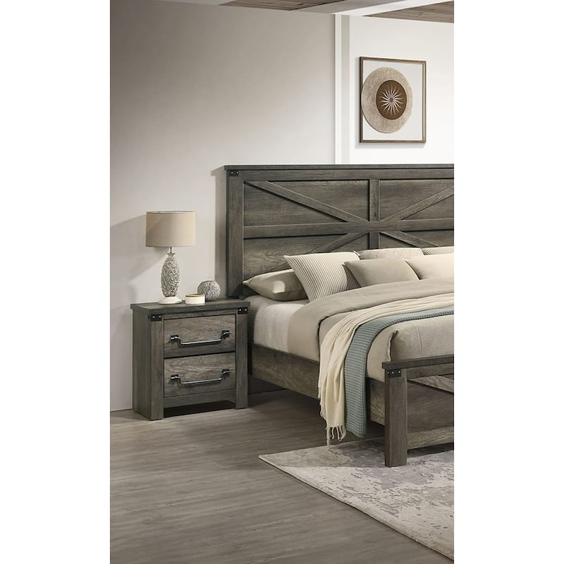 Rustic Gray 1pc Bedside Table Melamine Paper Wooden Nightstand Antique Brass Color Drop Handles