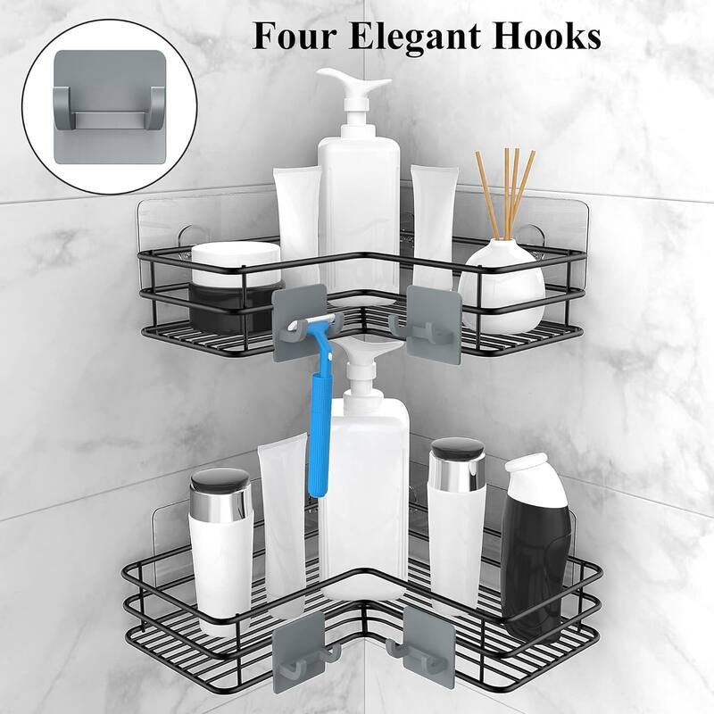 Adhesive Corner Shower Caddy Shelf Basket Rack with Hooks, 2 Pack On