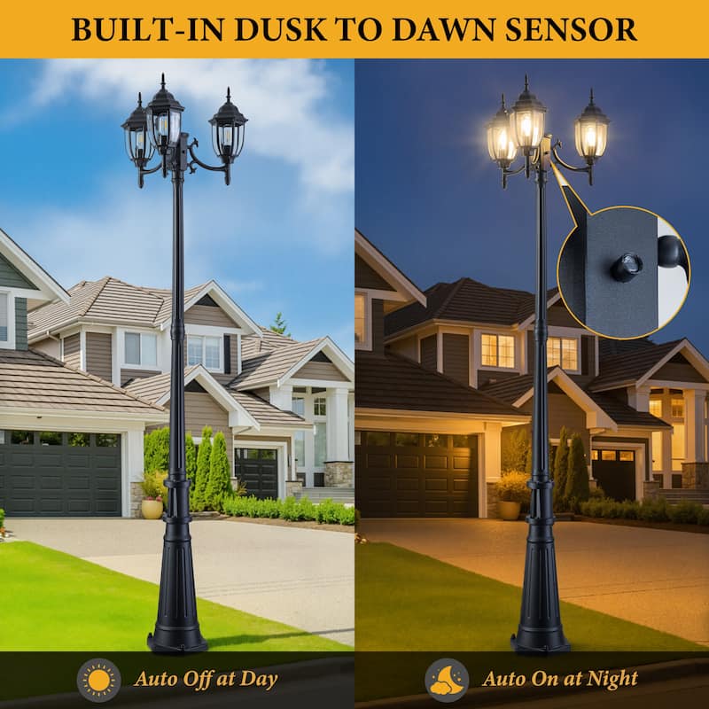 C Cattleya 89.5 inch Matte Black 3-Light Dusk to Dawn Outdoor Post Light with GFCI Outlet