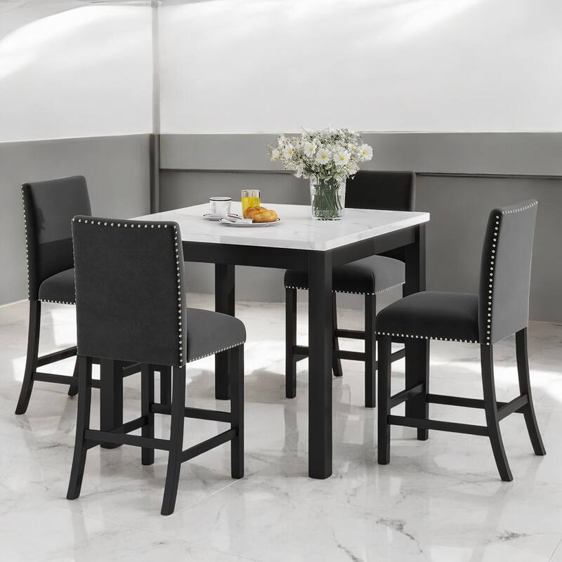 5-Piece Counter Height Dining Table Set with Faux Marble Top, Velvet Upholstered Chairs for Kitchen or Dining Room - Black