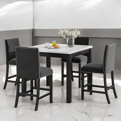 5-Piece Counter Height Dining Table Set with Faux Marble Top, Velvet Upholstered Chairs for Kitchen or Dining Room