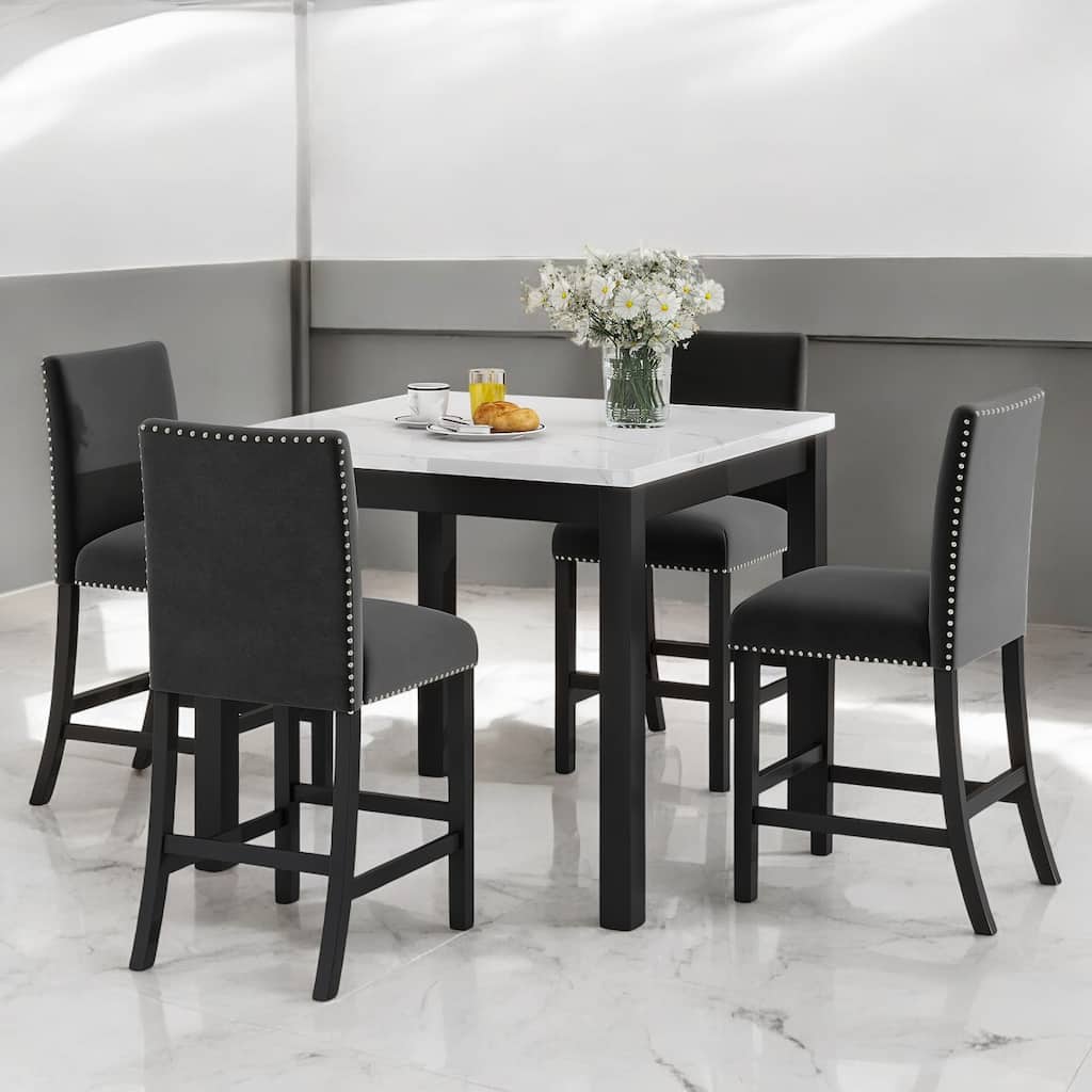 5-Piece Counter Height Dining Table Set with Faux Marble Top, Velvet Upholstered Chairs for Kitchen or Dining Room