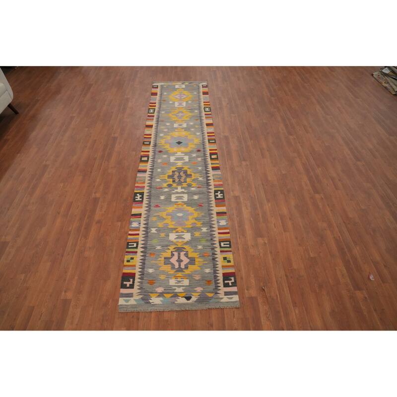 Hand Woven Oriental 100% Wool Carpet Southwestern Tribal Greys & Charcoal Kilim Runner Rug - 11' 9'' X 2' 10''