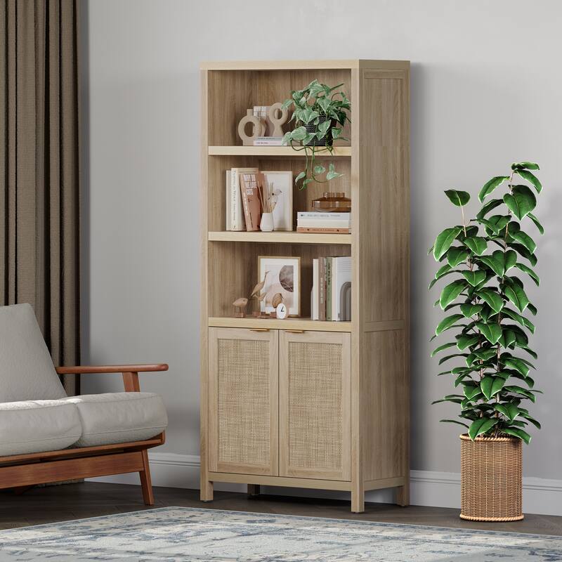 SICOTAS 5 Tier Adjustable Bookcase with Rattan Storage Cabinet