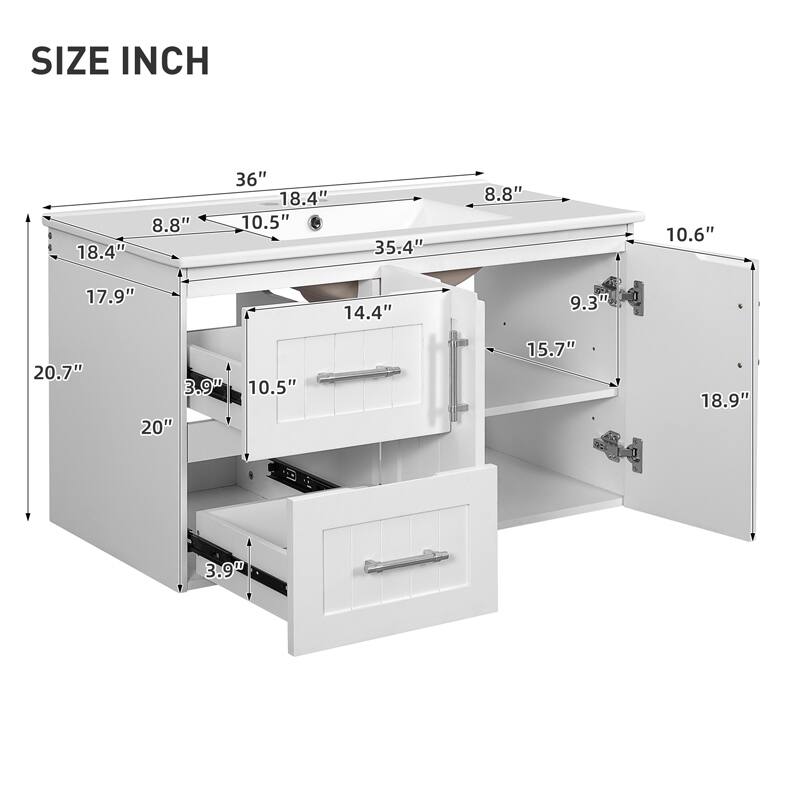 36" Wall Mounted Bathroom Vanity with 2 Drawers, 3 Holes Single Ceramic Sink