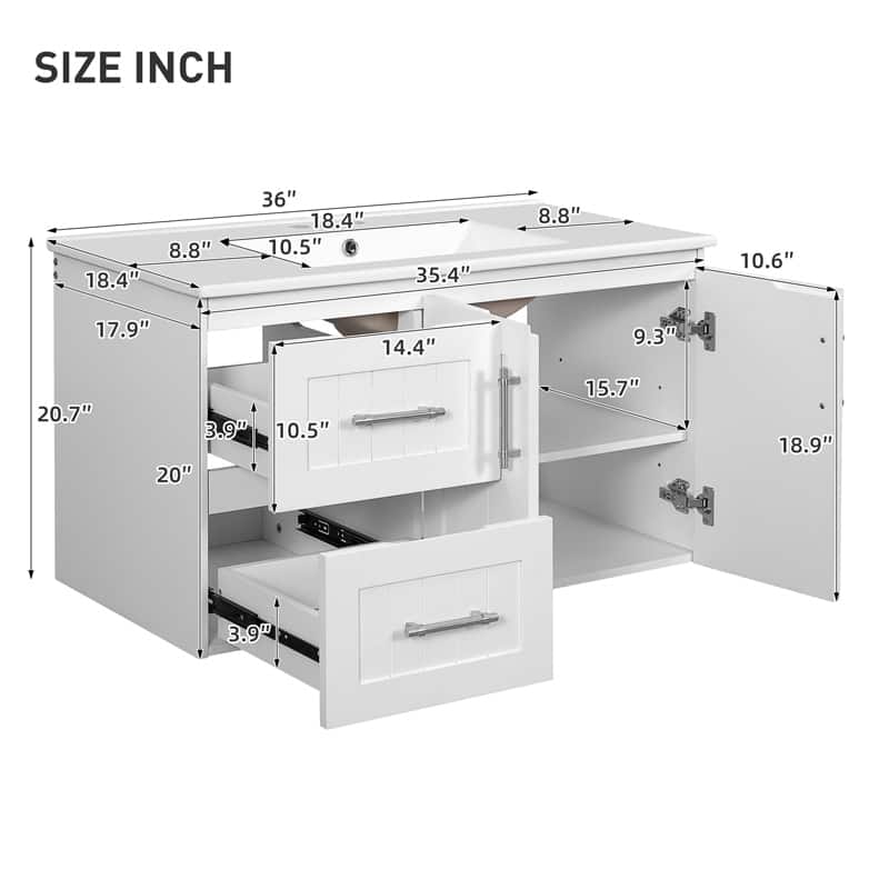 36" Wall Mounted Bathroom Vanity with 2 Drawers, Floating Vanity with Ceramic Sink & Adjustable Shelf, Modern Bathroom Storage