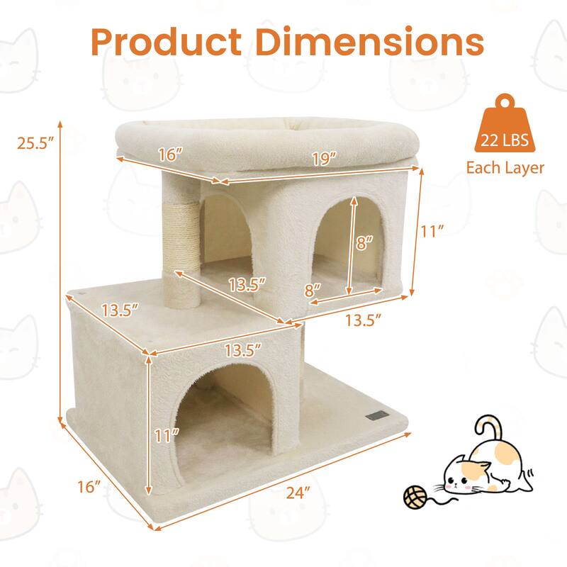 Gymax 25.5'' Cat Tree w/2 Large Condo Padded Top Perch Sisal