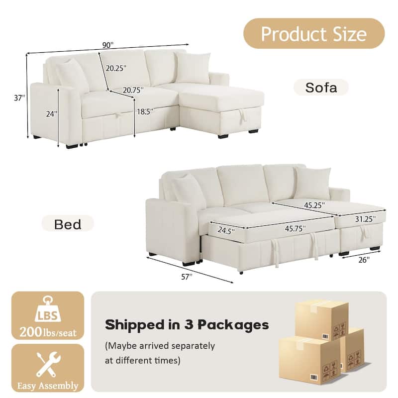 90" L-Shaped Warp Knitted Fabric Sectional Sofa with Storage Chaise