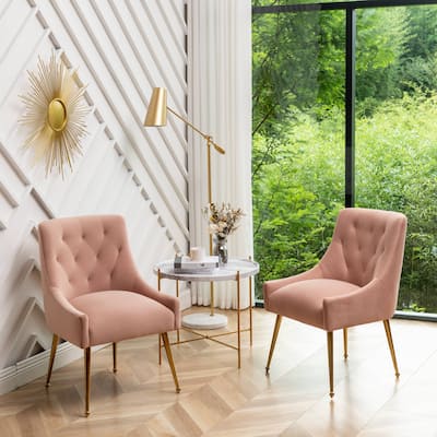 Modern Boucle Velvet Upholstered Accent Dining Chair Set of 2 Tufted Back Armless Chair with Golden Legs