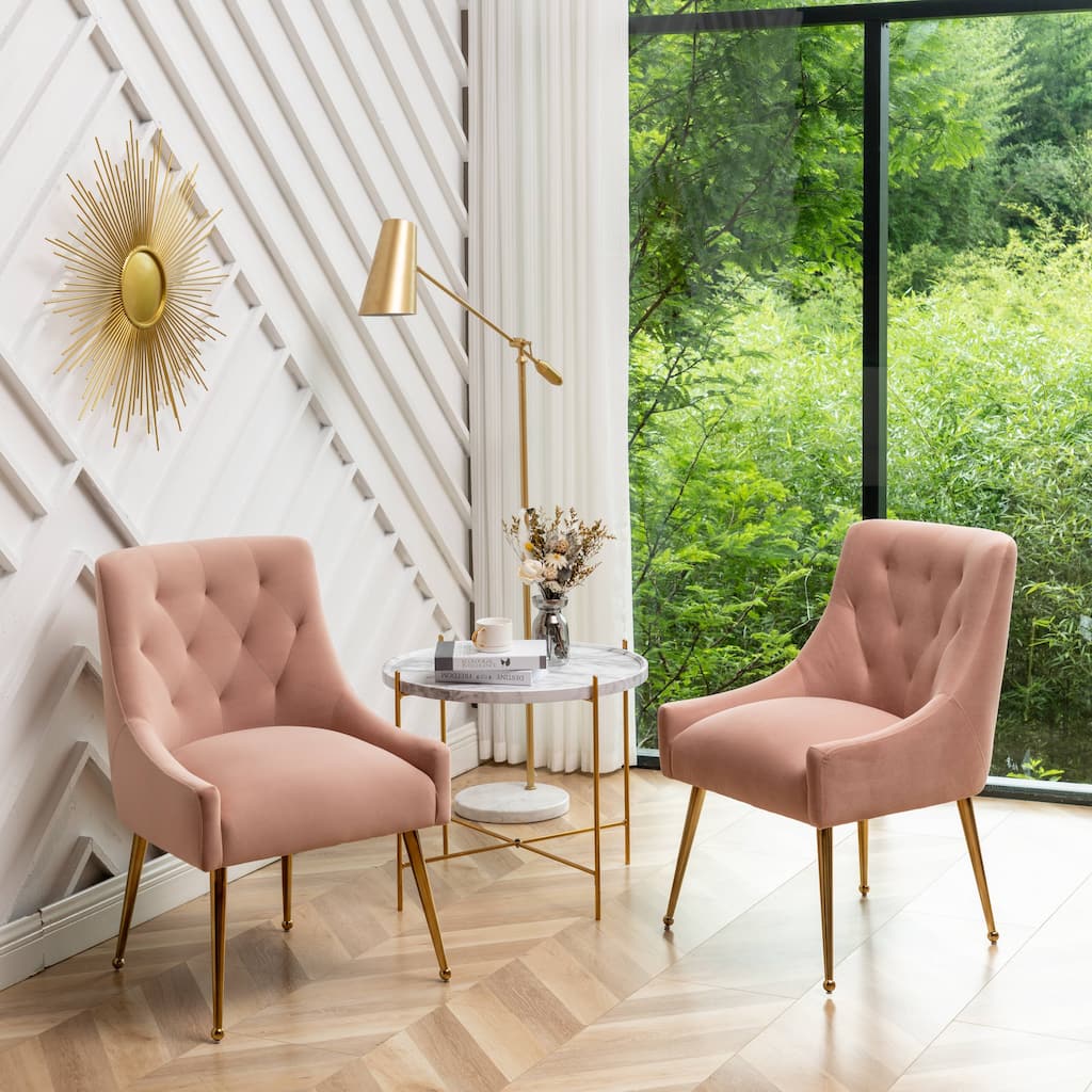 SEYNAR Modern Boucle Velvet Upholstered Accent Dining Chair Set of 2 Tufted Back Armless Chair with Golden Legs