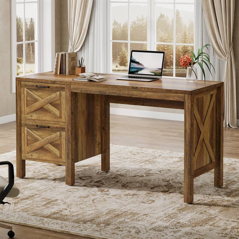 55-Inch Computer Desk with 2 Drawers, Home Office Desk with Heavy Duty Legs, Rustic Brown - Rustic Brown