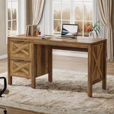 55-Inch Computer Desk with 2 Drawers, Home Office Desk with Heavy Duty Legs, Rustic Brown